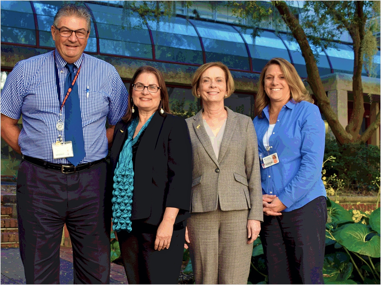 (Left to right) College of Dentistry associate dean for clinical affairs and quality Dr. Cesar Migliorati, College of Dentistry dean Dr. A. Isabel Garcia, College of Nursing dean Dr. Anna M. McDaniel, and College of Nursing associate dean for clinical affairs Denise Schentrup.