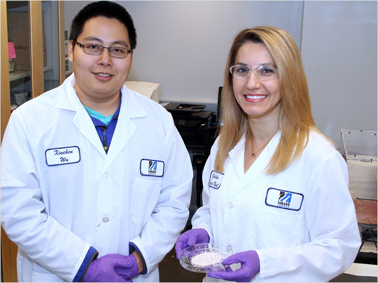 Gulden Camci-Unal (right) is leading a UMass Lowell team including PhD candidate Xinchen Wu that has determined eggshells inserted into a hydrogel mix can be used to strengthen lab-grown bone for use in grafts and other procedures. Photo credit: Edwin Aguirre for UMass Lowell.