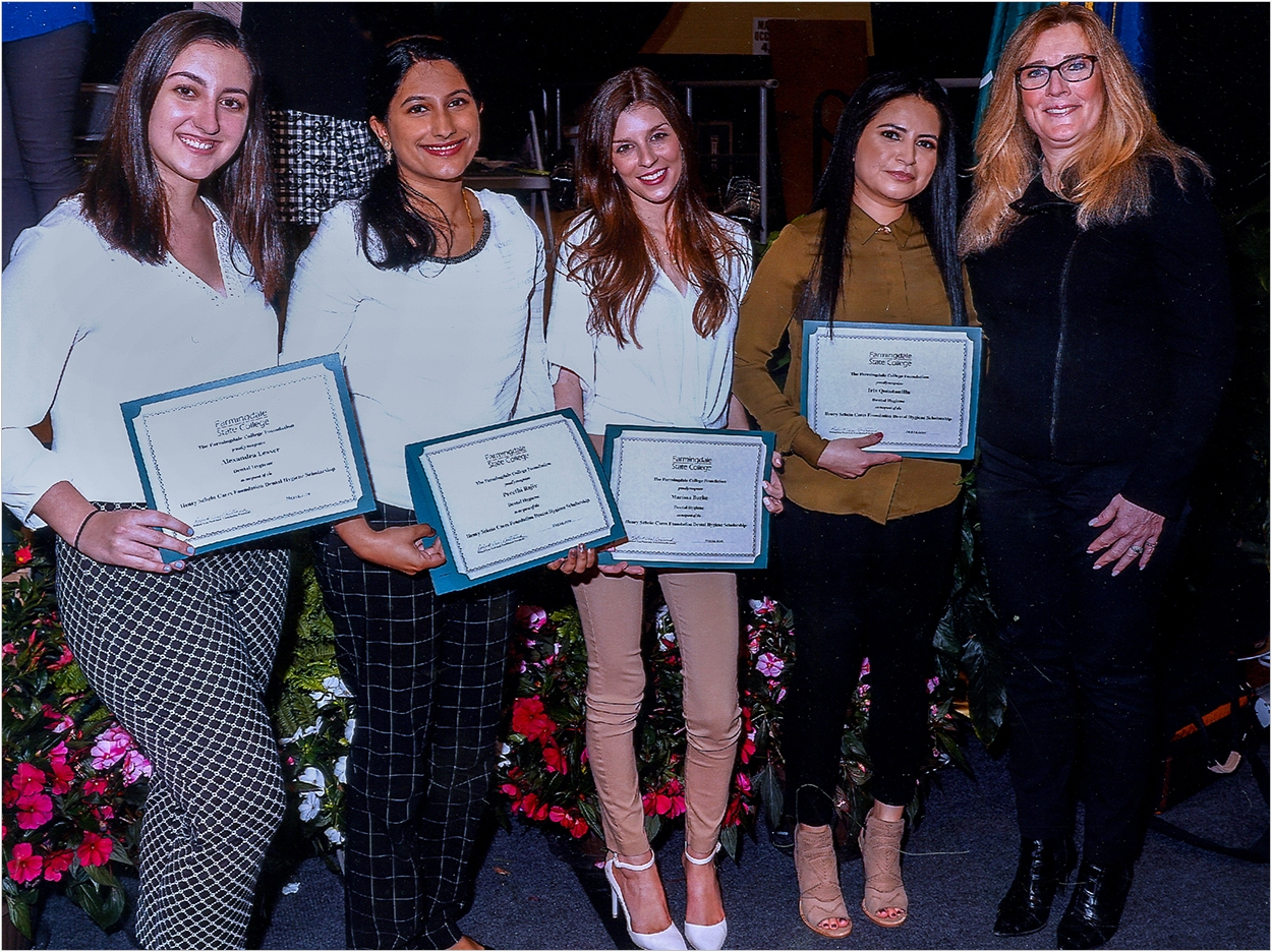 Grant recipients (left to right) Alexandra Lesser of East Patchogue, NY; Preeti Rajiv of Ronkonkoma, NY; Marissa Burke of Sayville, NY; and Iris Quintanilla of Central Islip, NY; and Maureen Knott, vice president of product advertising and marketing for Henry Schein. Not pictured is grant recipient Stephanie O’Neill of Binghamton, NY.