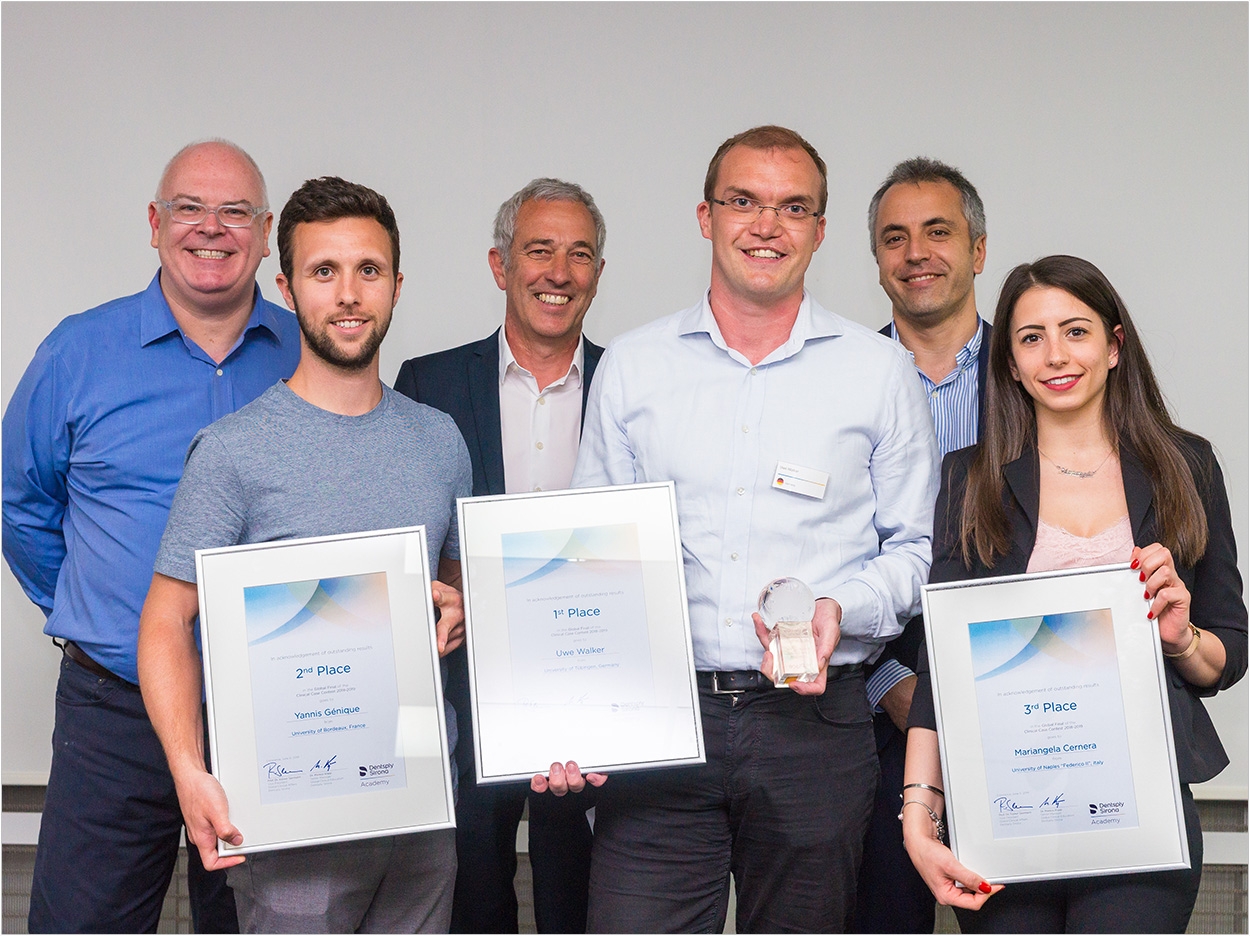 The three winners of the 14th GCCC and the judges (from left to right): Prof. Ian Cline, Yannis Génique (2nd prize), Prof. Rainer Seemann, Uwe Walker (1st prize), Prof. Gaetano Paolone and Mariangela Cernera (3rd prize).