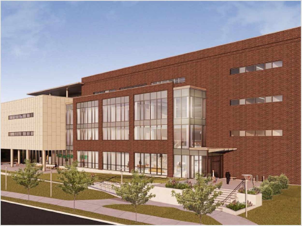 The new building will wrap the Dunn Dental Building on the north and west. It will house a special needs clinic, a faculty practice, and dental technique laboratories for first-year and second-year students. Courtesy of Fleming Architects, Kahler Slater Architects, and the University of Tennessee College of Dentistry