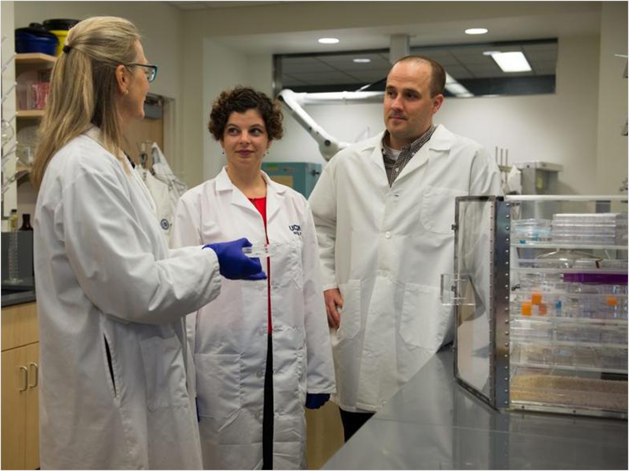(Left to right) Associate professor and associate Biomedical Engineering (BME) Department head Liisa Kuhn, assistant professor Alix Deymier, and sssociate professor Tannin Schmidt in the BME Dental School Laboratories on September 26, 2017. Tina Encarnacion/UConn Health photo