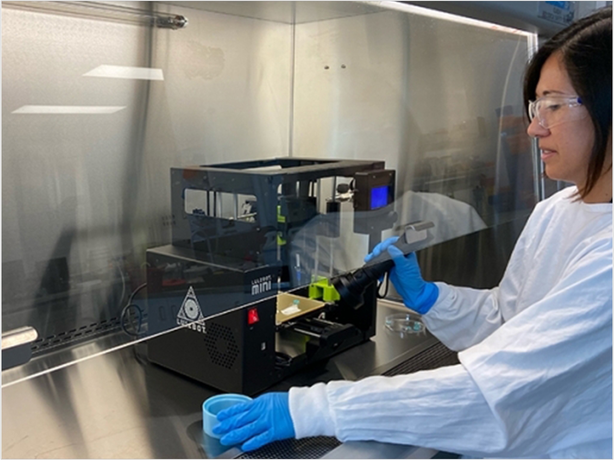 Dr Sara Romanazzo prepares to 3D print a piece of bone using the COBICS technique. Photo: UNSW
