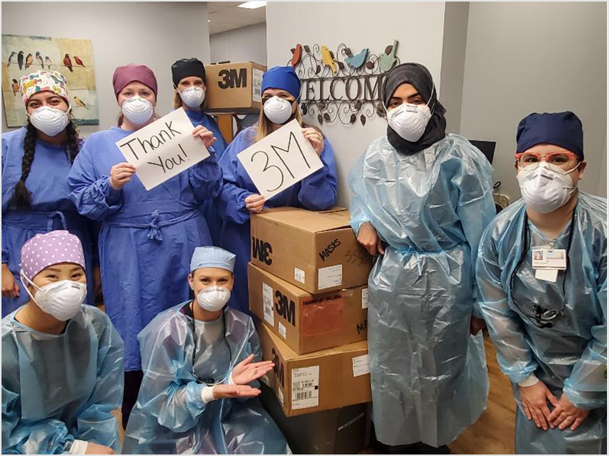 The staff at Dental Health Arlington, a nonprofit dental clinic located in Arlington, Texas, thanks 3M Oral Care for a much needed donation of Triple Layer Molded Face Masks. Many America’s ToothFairy program members donated their PPE to local hospitals in March 2020, only to discover in mid-summer when they were allowed to reopen that PPE supplies were hard to come by.