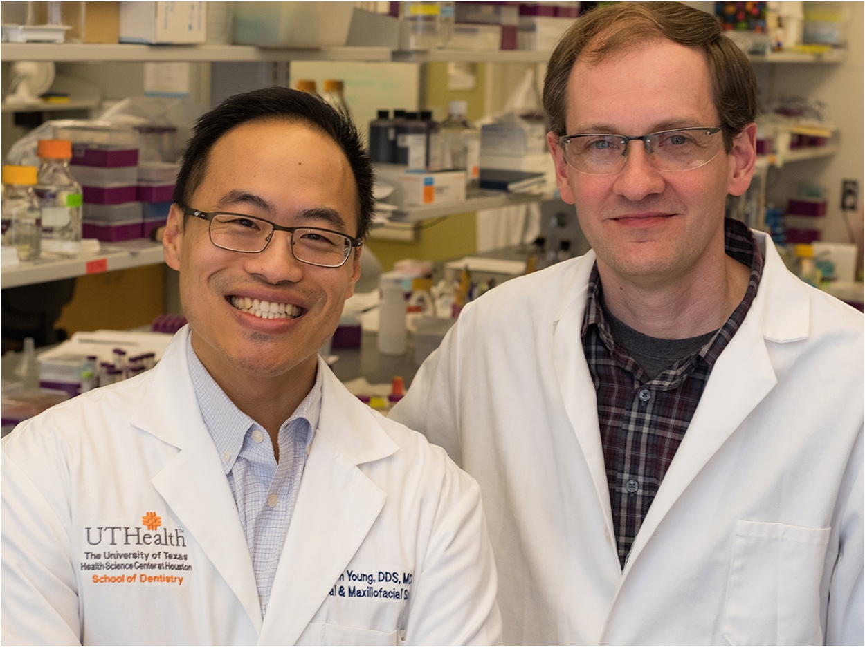 Dr. Simon Young (left) of UTHealth Houston with Dr. Jeffrey Hartgerink of Rice University. Photo courtesy of Rice University.