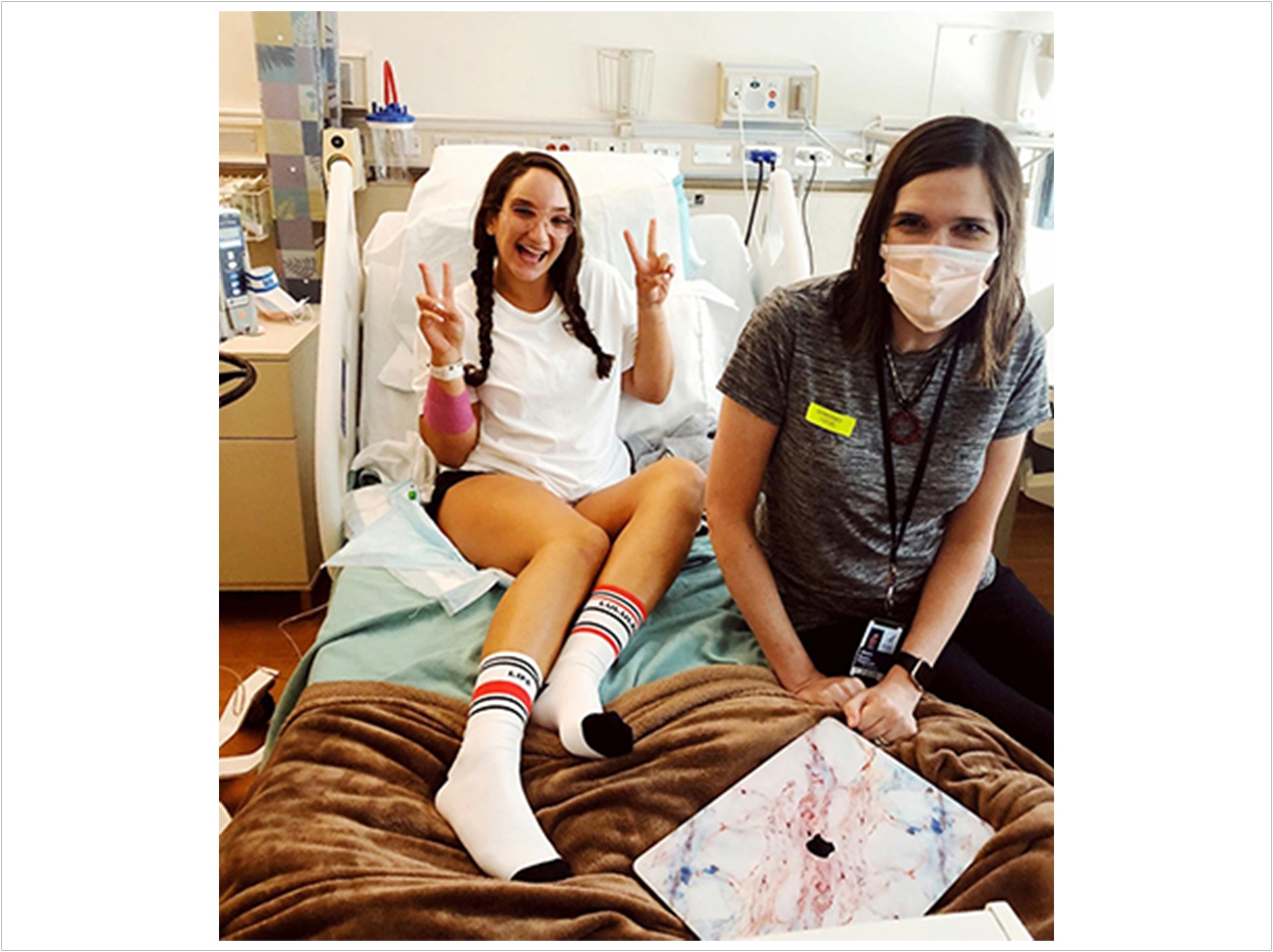 Alison Boyce, shown on the right with one of her patients, is leading clinical studies at NIH to find better ways to diagnose and treat FD/MAS.