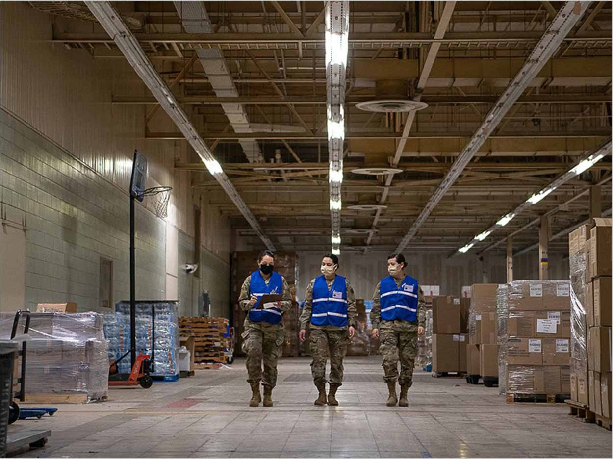 Members of the Oklahoma National Guard walk in the Strategic National Stockpile Warehouse. Tech. Sgt. Kasey Phipps/OK ANG